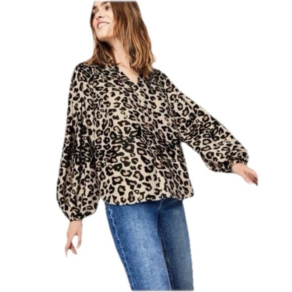 Boden Harriet Leopard Print Balloon‎ Sleeve Blouse V Neck Relaxed Tunic US 12